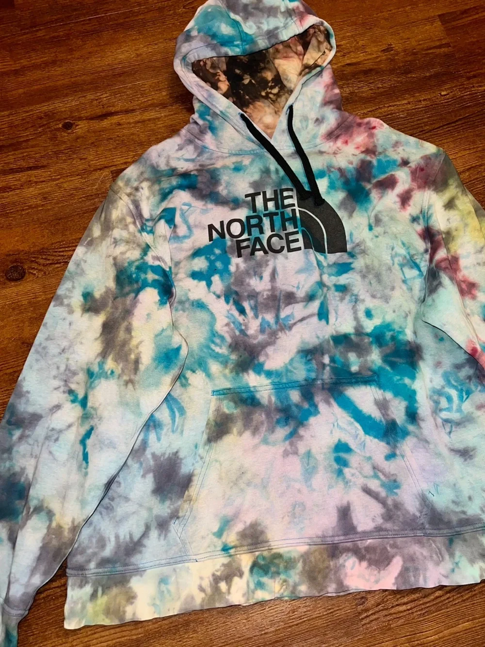 The North Face Blue Tie-Dye Retro Colorful Upcycled Graphic Hoodie Size XXL